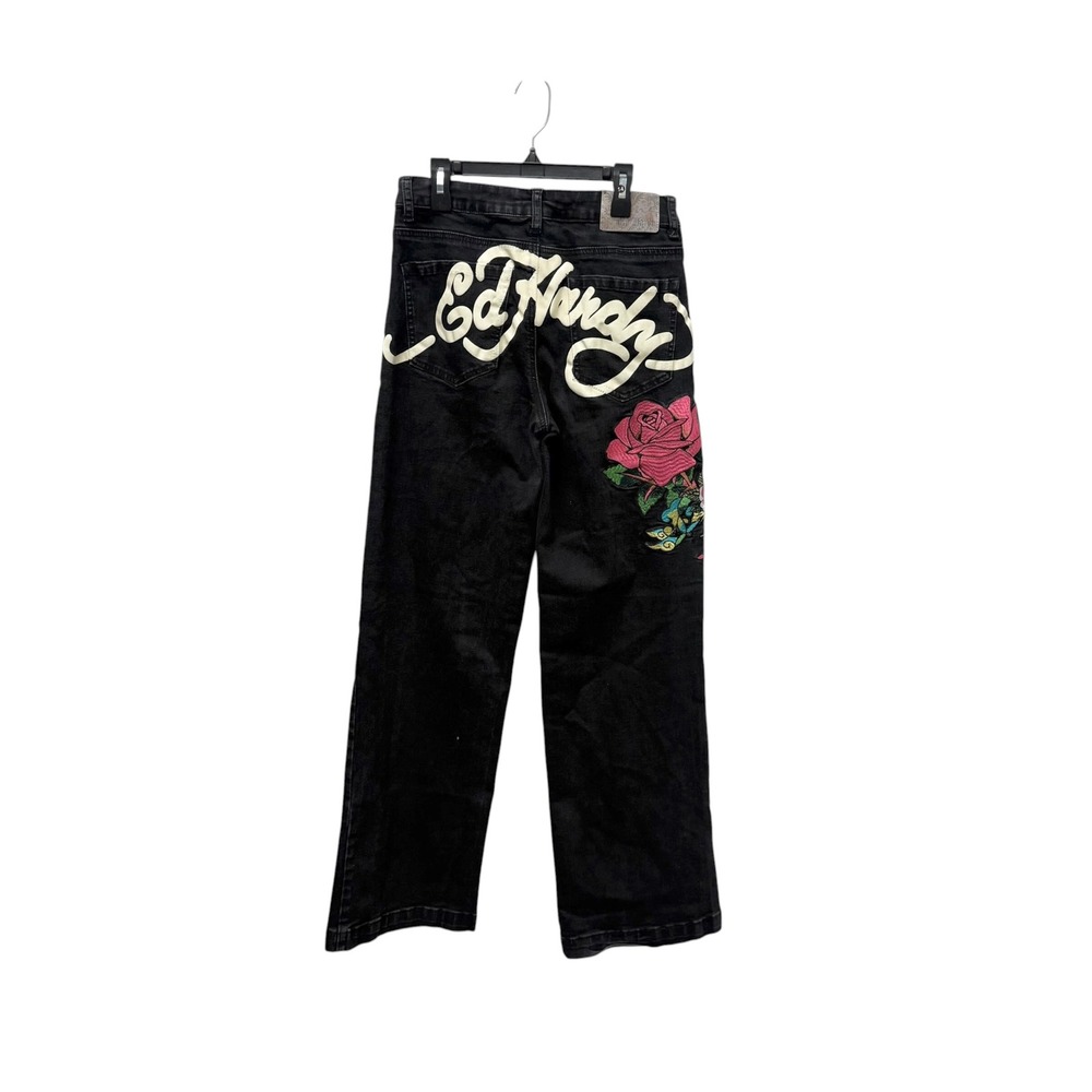 Ed Hardy Womens Black Wide Leg Jeans Skull Rose Embroidery Y2K 29 Waist - Picture 2 of 13